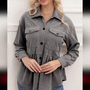 Gray corduroy peplum jacket.  Easy throw on and go.  Button front.  Shirt collar